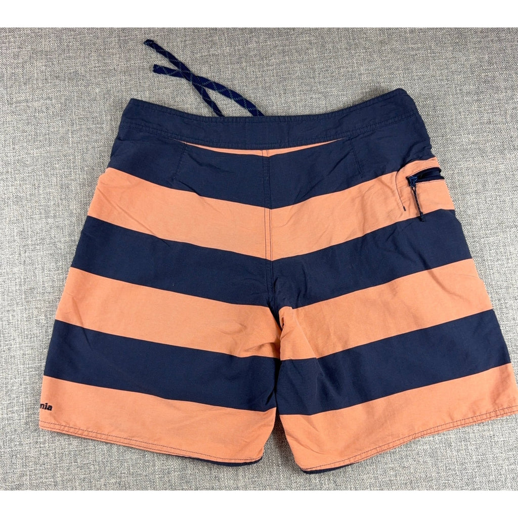 Patagonia Wavefarer Board Shorts Mens 34 Orange Navy Stripe Swim Surf Trunks