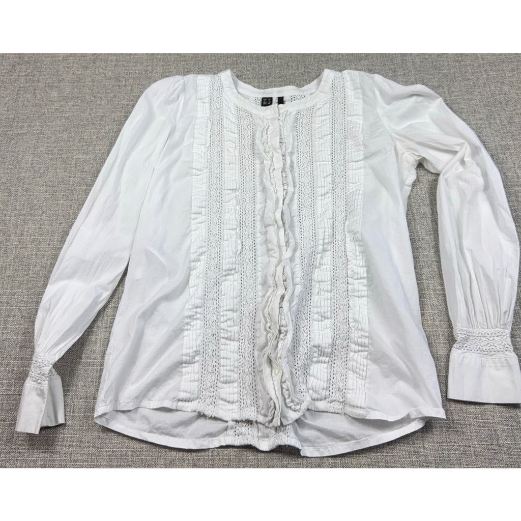 MNG by Mango White Lace Pleated Ruffle Blouse Women's US 10 Long Sleeve