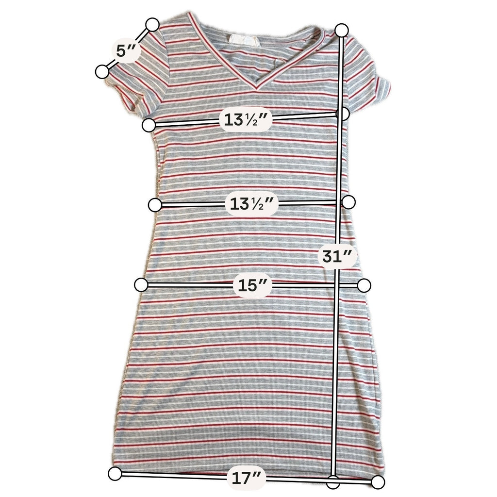 Pink Rose Striped Ribbed Mini Dress Gray Red White V Neck Short Sleeve Y2K
