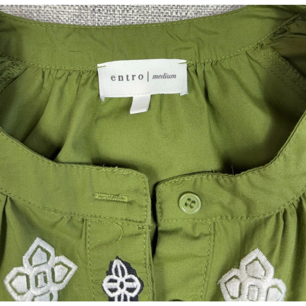Entro Womens M Olive Green Embroidered Peasant Blouse Balloon Sleeve Boho