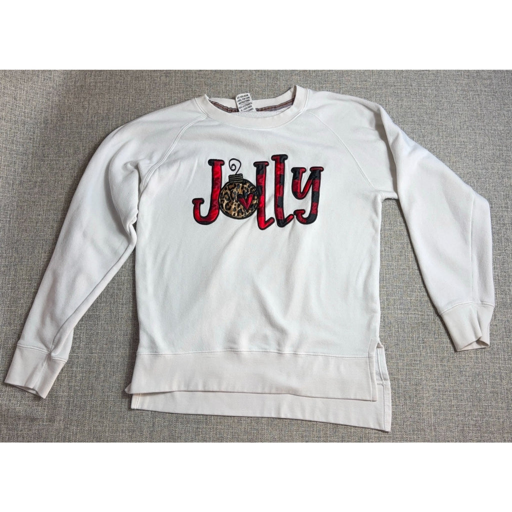 Royce Brand Jolly Christmas Sweatshirt Women L Plaid Leopard Applique Ivory
