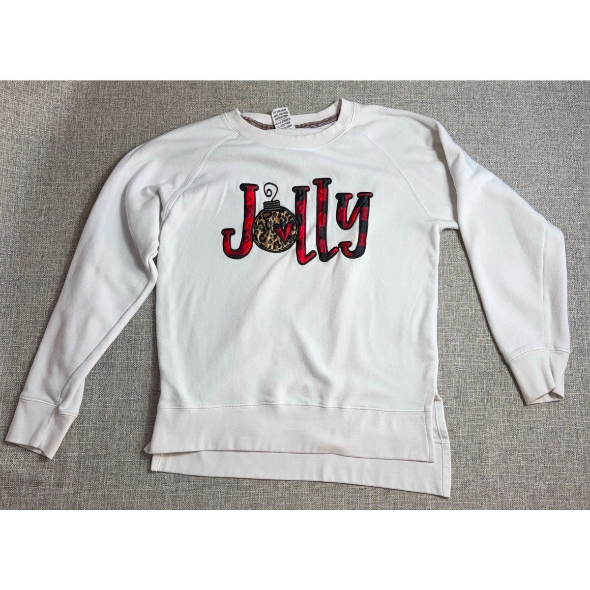 Royce Brand Jolly Christmas Sweatshirt Women L Plaid Leopard Applique Ivory