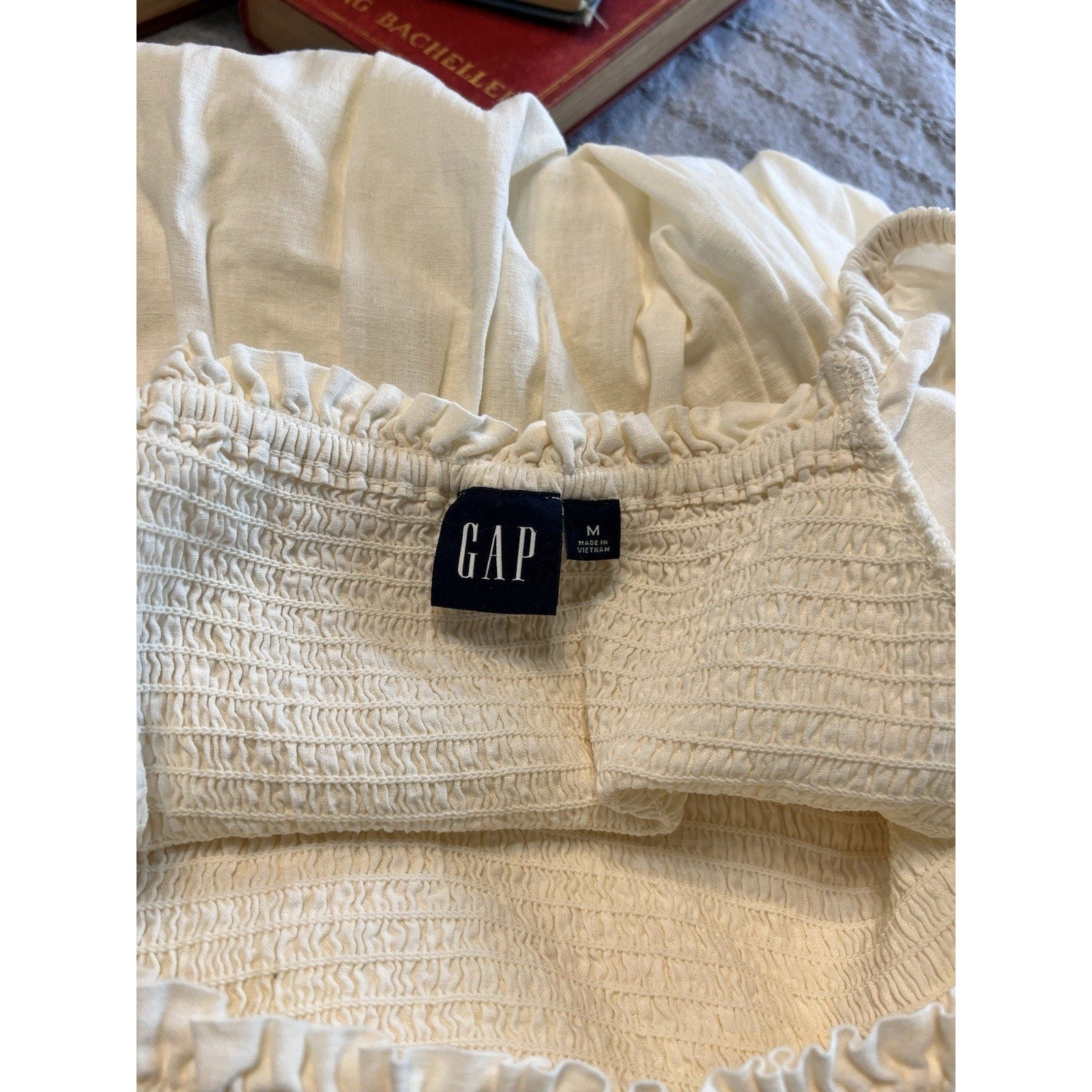 GAP White Cottagecore Midi Dress Womens M Smocked Puff Sleeve Prairie Milkmaid