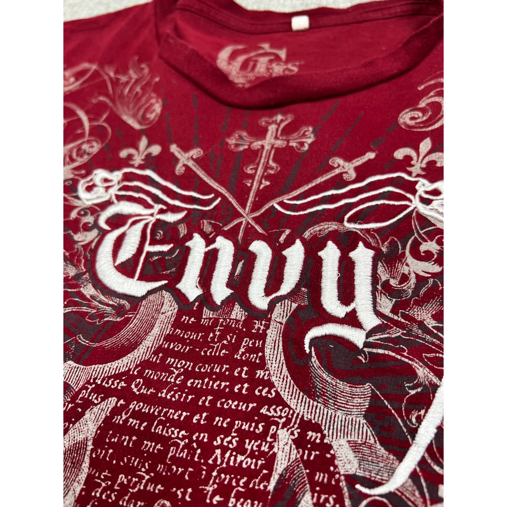 GUESS Envy T Shirt Mens XXL Burgundy Y2K Grunge Embroidered Graphic Tee