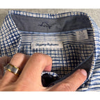 Tommy Bahama Mens Large Silk Camp Shirt Blue White Patchwork Stripe