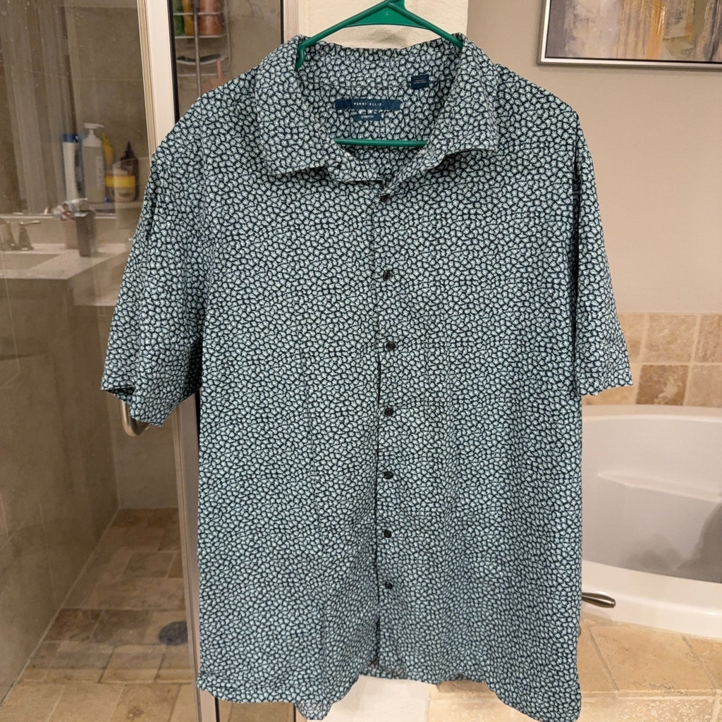 Perry Ellis 2XL Mens Stretch Short Sleeve Button Front Shirt Floral Green