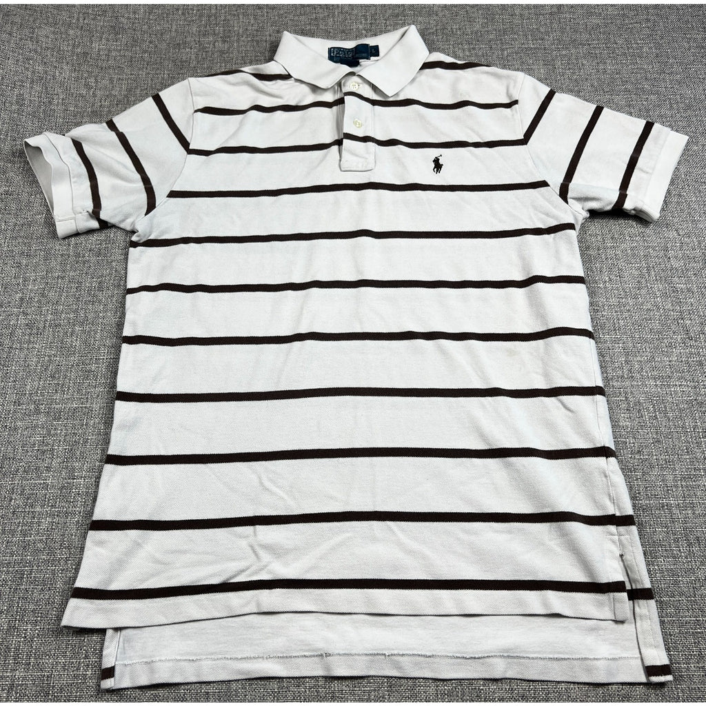Polo Ralph Lauren Mens L White Brown Striped Pony Logo Cotton Polo Shirt