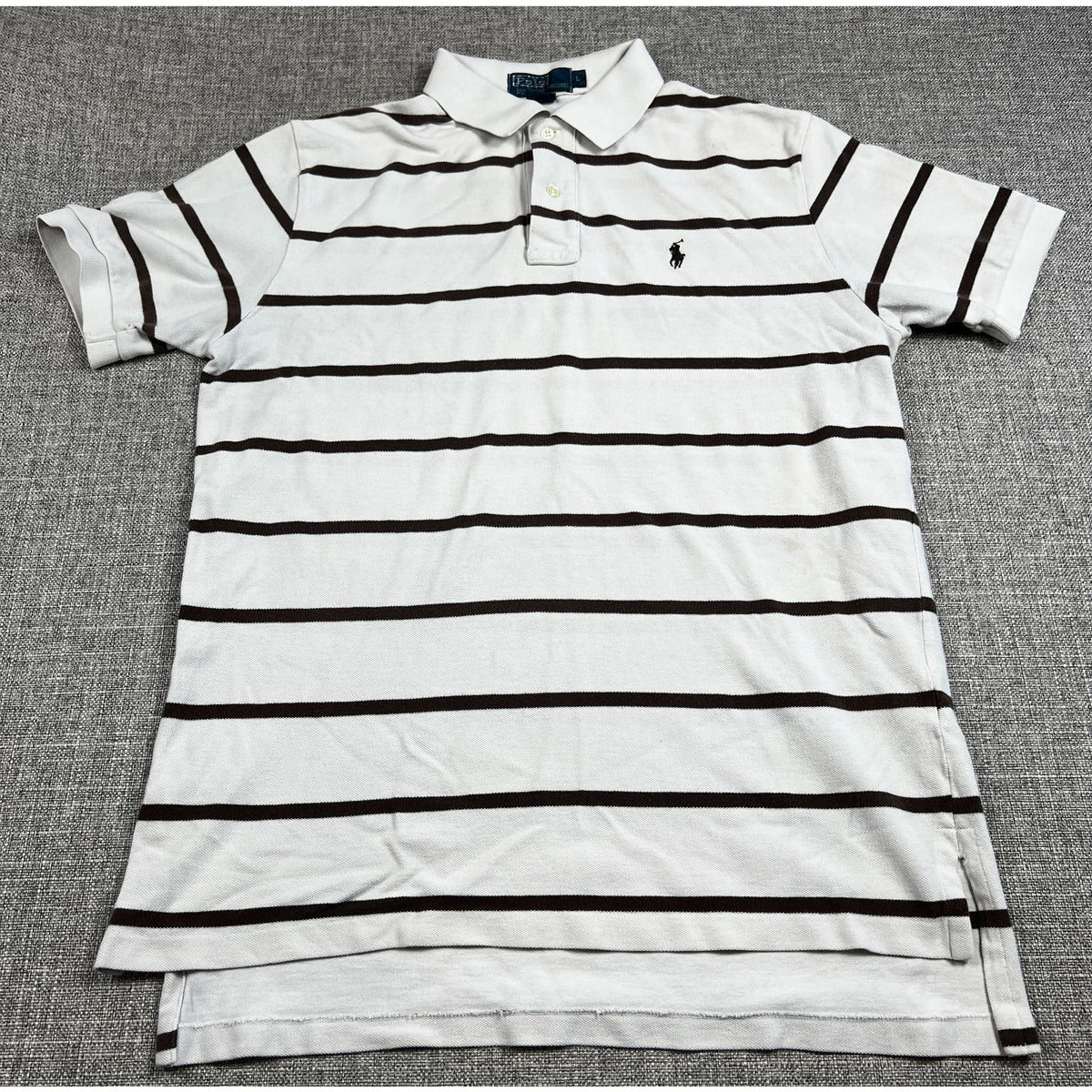 Polo Ralph Lauren Mens L White Brown Striped Pony Logo Cotton Polo Shirt