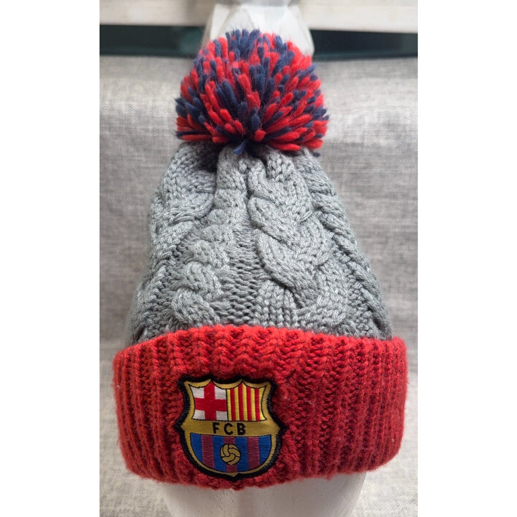 FC Barcelona Official Cable Knit Pom Beanie Hat Gray Red FCB Soccer Adult OS
