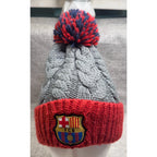 FC Barcelona Official Cable Knit Pom Beanie Hat Gray Red FCB Soccer Adult OS