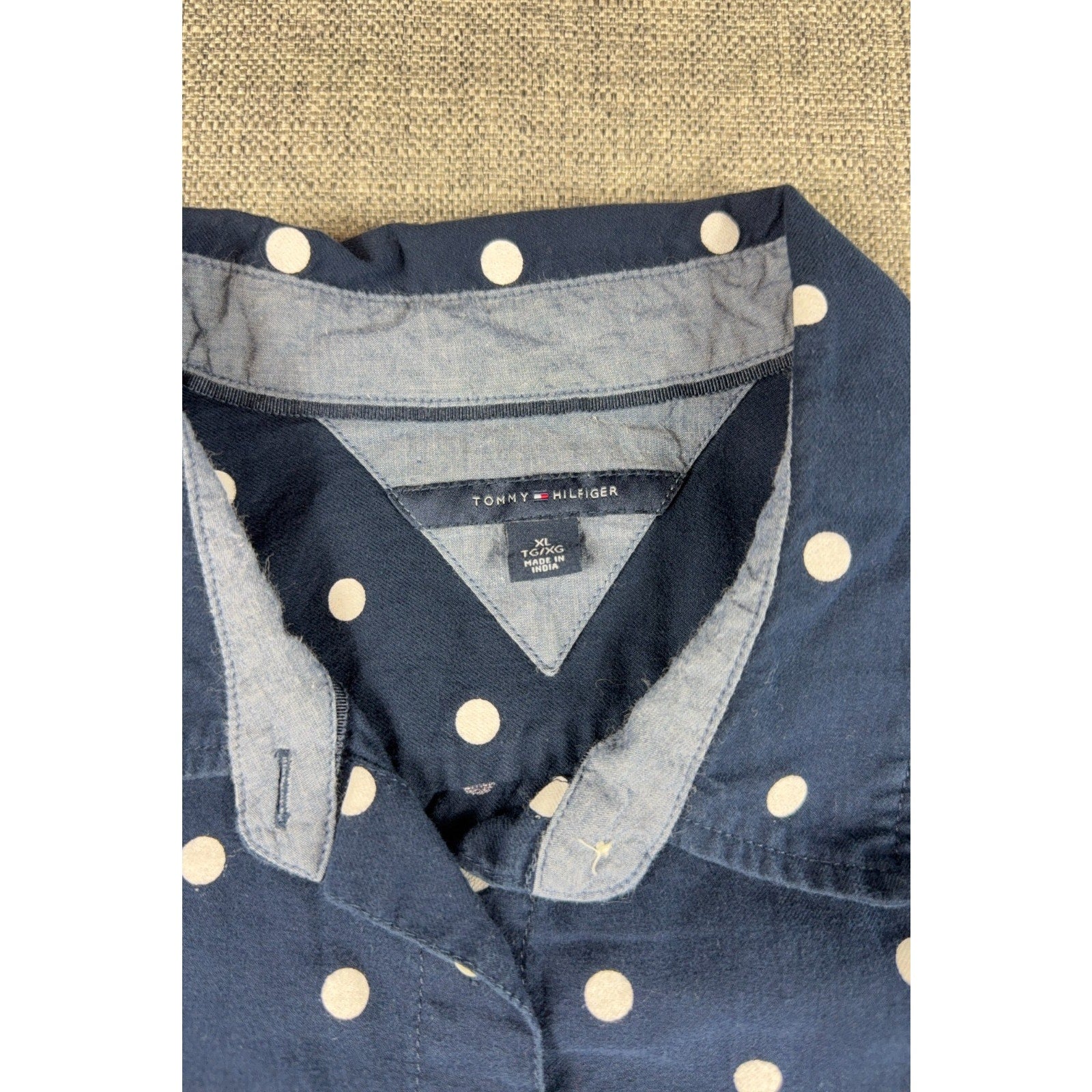 Tommy Hilfiger Womens XL Navy Polka Dot Button Up Shirt Long Sleeve Pocket