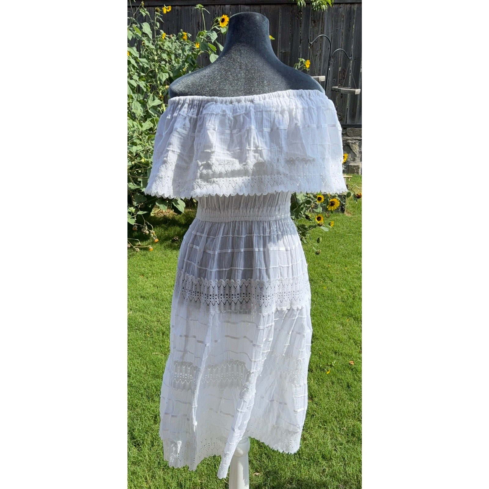 White Off Shoulder Lace Tiered Cottagecore Dress