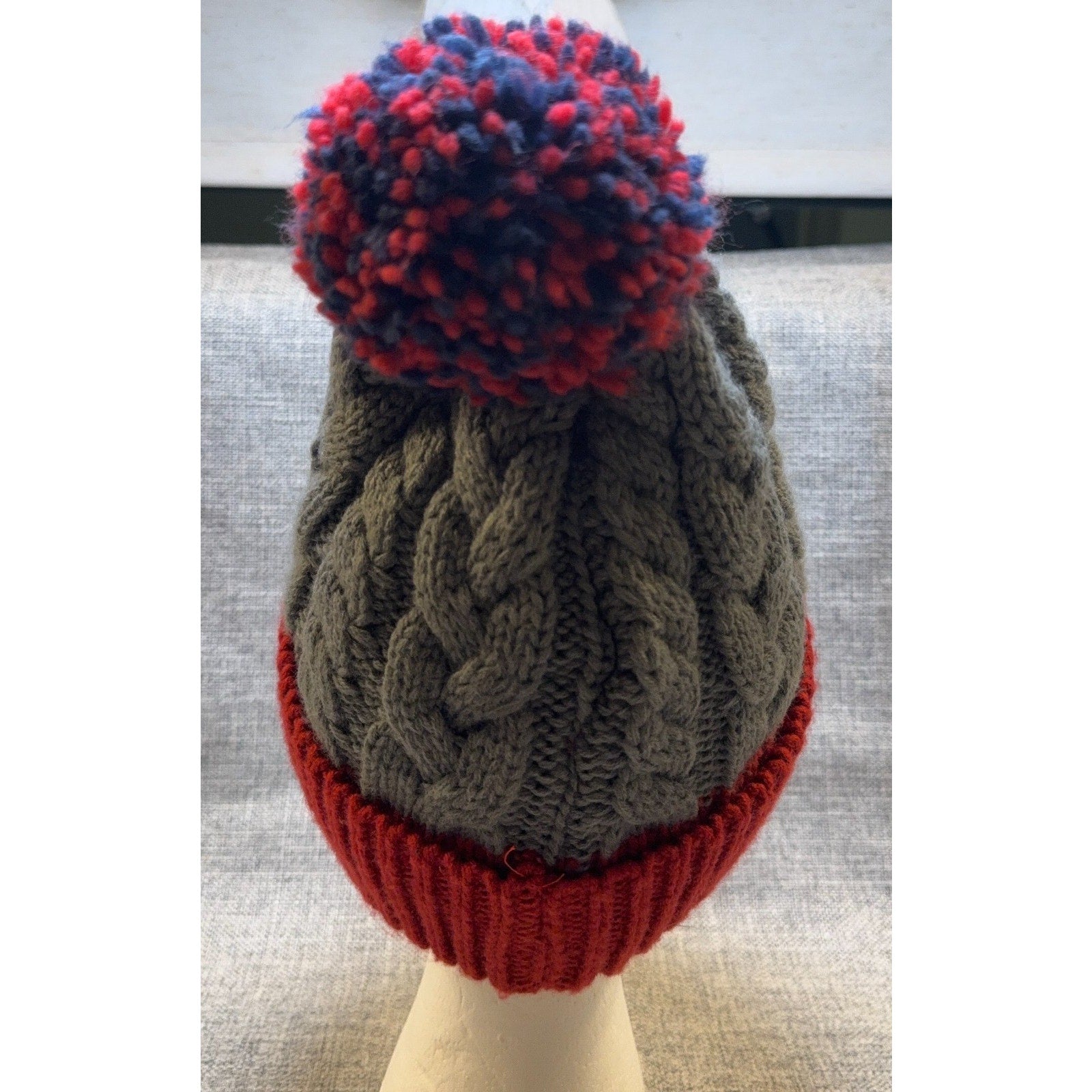 FC Barcelona Official Cable Knit Pom Beanie Hat Gray Red FCB Soccer Adult OS