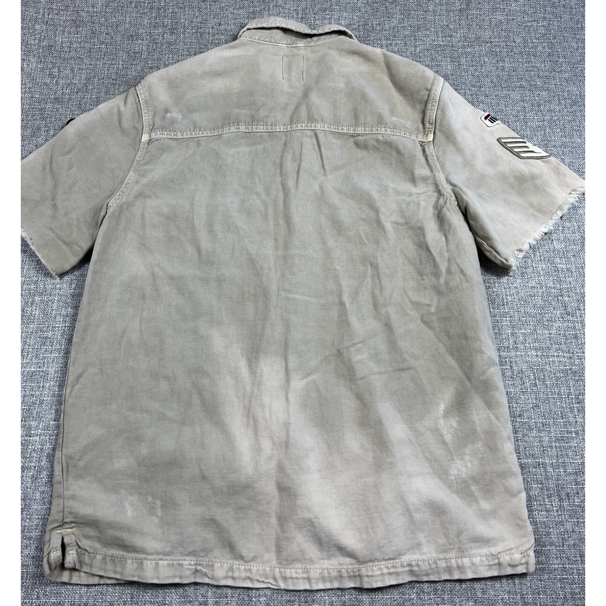 Zara Man Military Patch Shirt Mens S Distressed Khaki Relaxed Fit Utility