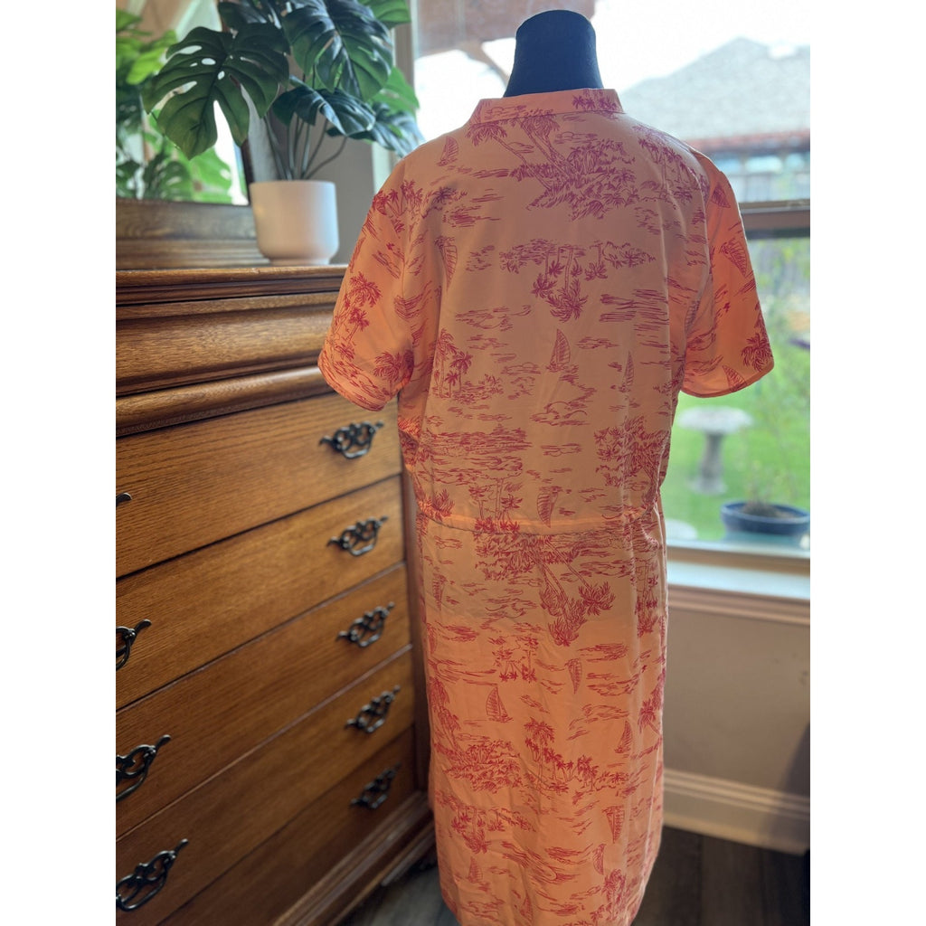 Lands’ End Women’s Medium Pink Tropical Midi Dress Rayon Blend Island Print Belt