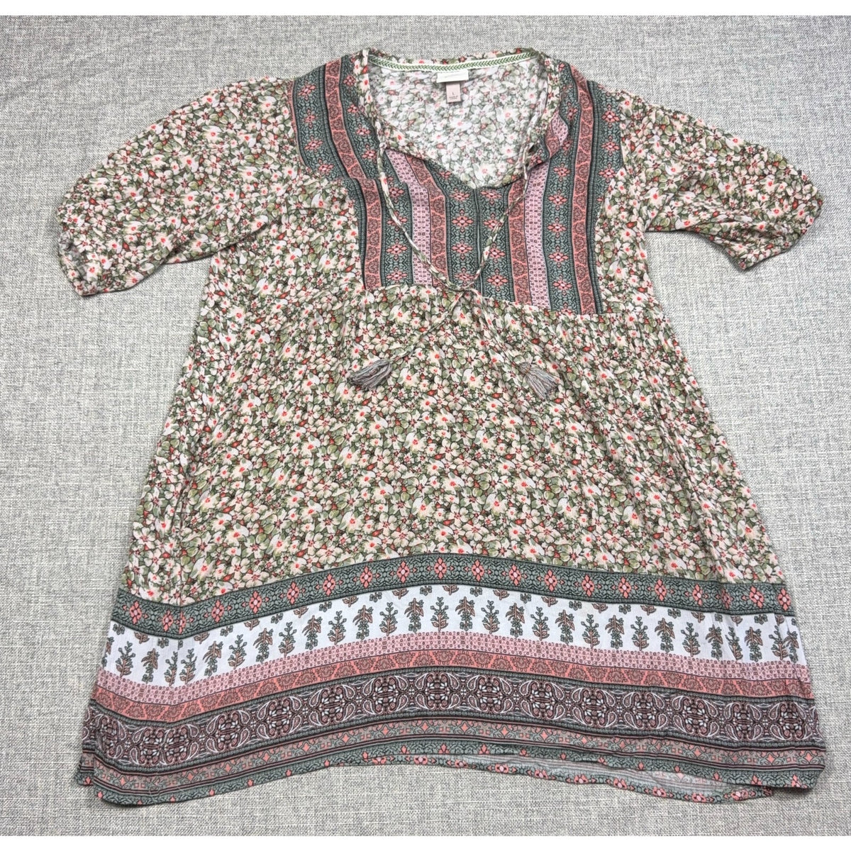 Knox Rose Dress Womens Large Green Pink Floral Boho Tassel Tie Rayon Border Prin