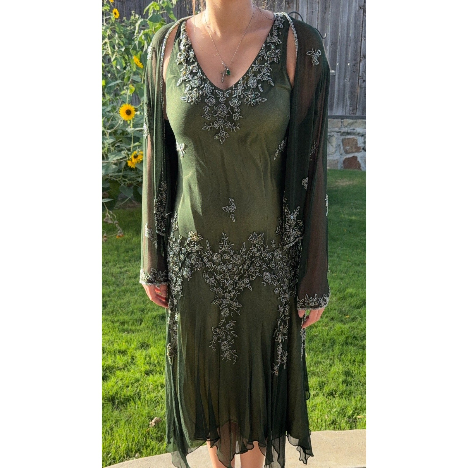 Scala 100% Silk Beaded Dress Jacket Set Womens L Green Formal Evening