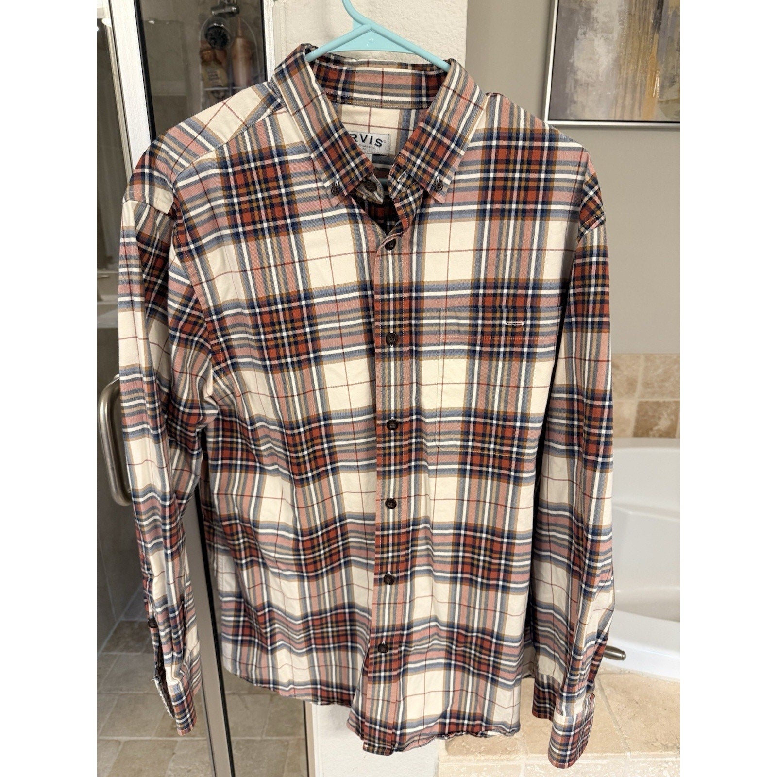 Orvis Shirt Mens M Plaid Button Down Cotton Red Tan Blue Casual Outdoor Classic