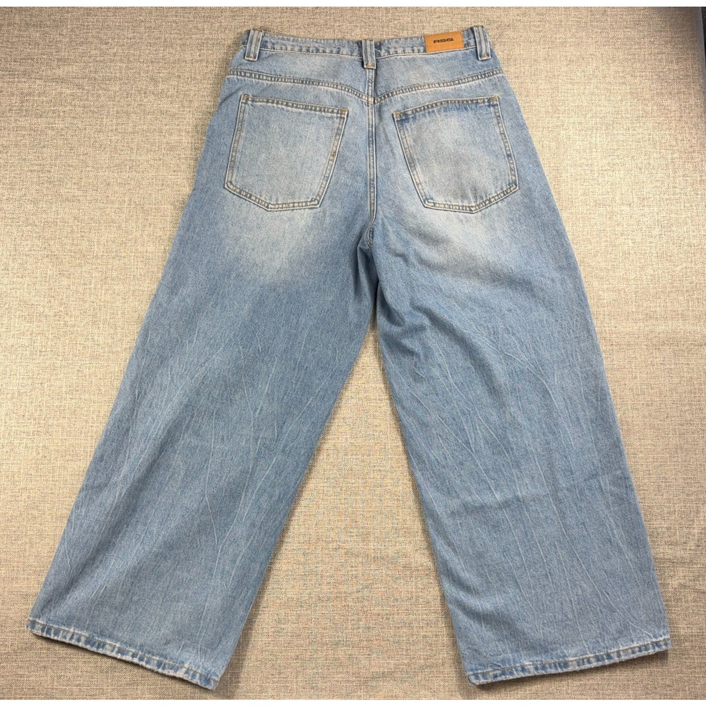 RSQ Low Rise Ultra Baggy Jeans Womens 29 Custom Rose Embroidered Light Wash