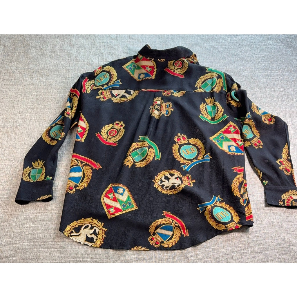 Vintage Anne Klein II Silk Blouse Womens 10 Black Baroque Crest Print 100% Silk