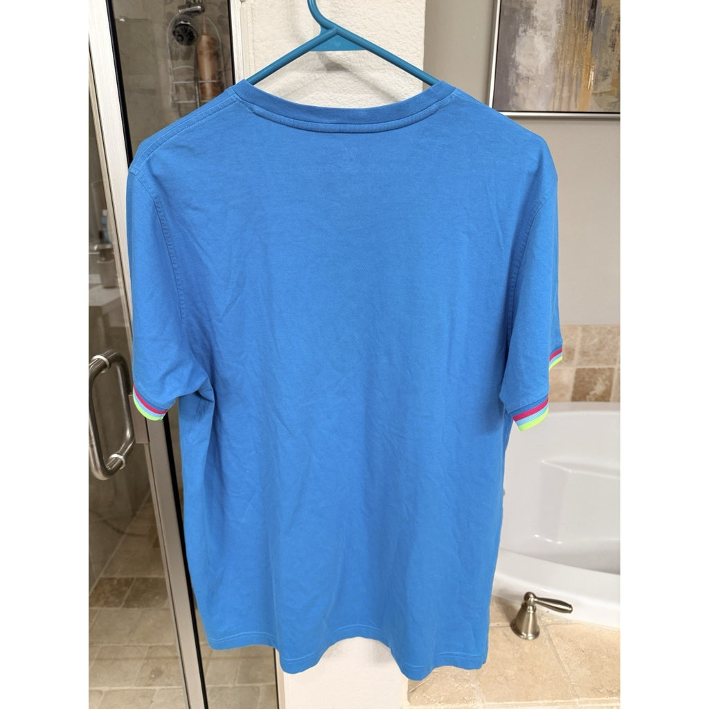 Psycho Bunny Men’s Blue V Neck T Shirt Size 5 Large Pima Cotton Neon Trim