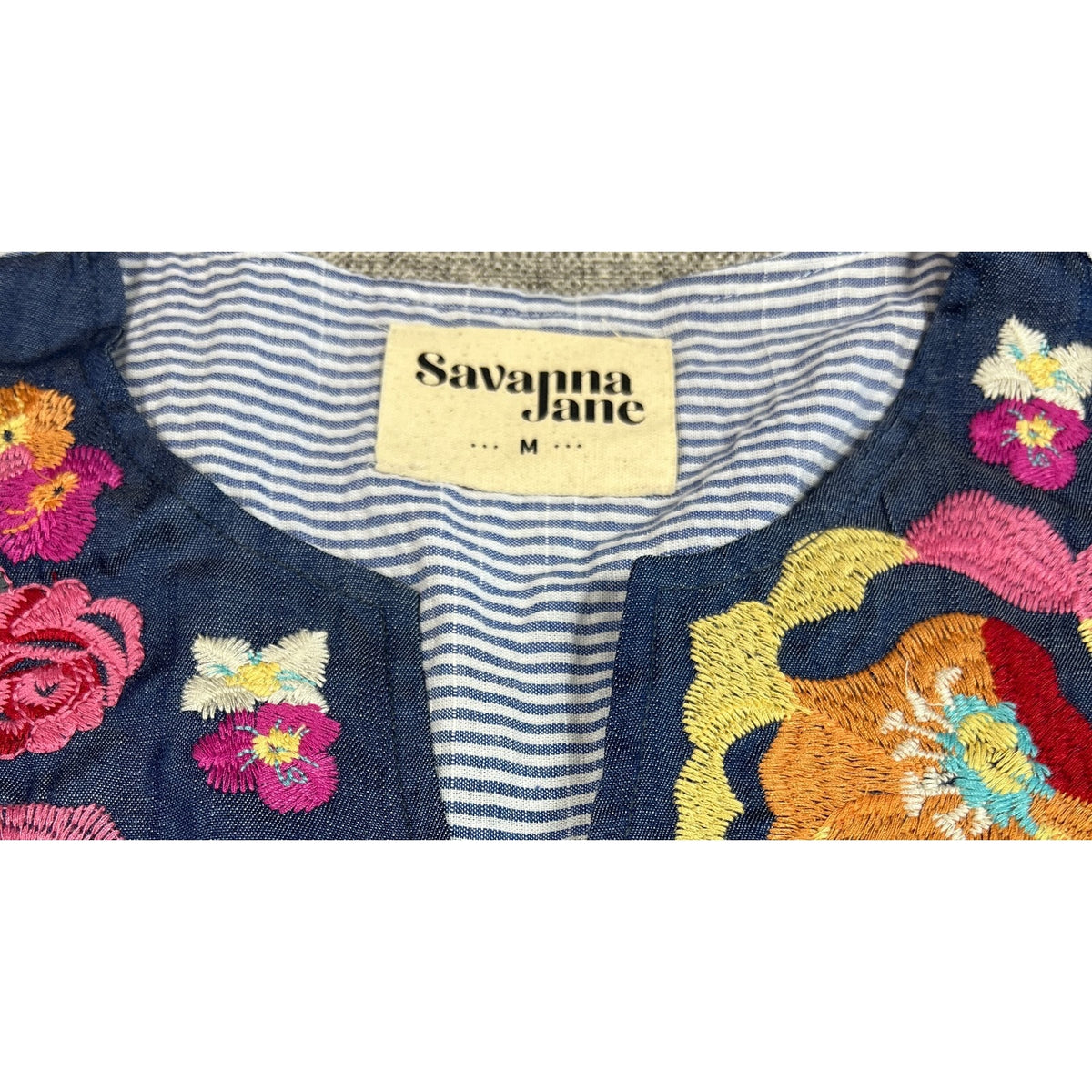 Savanna Jane Women M Embroidered Floral Striped Babydoll Tunic Top Boho