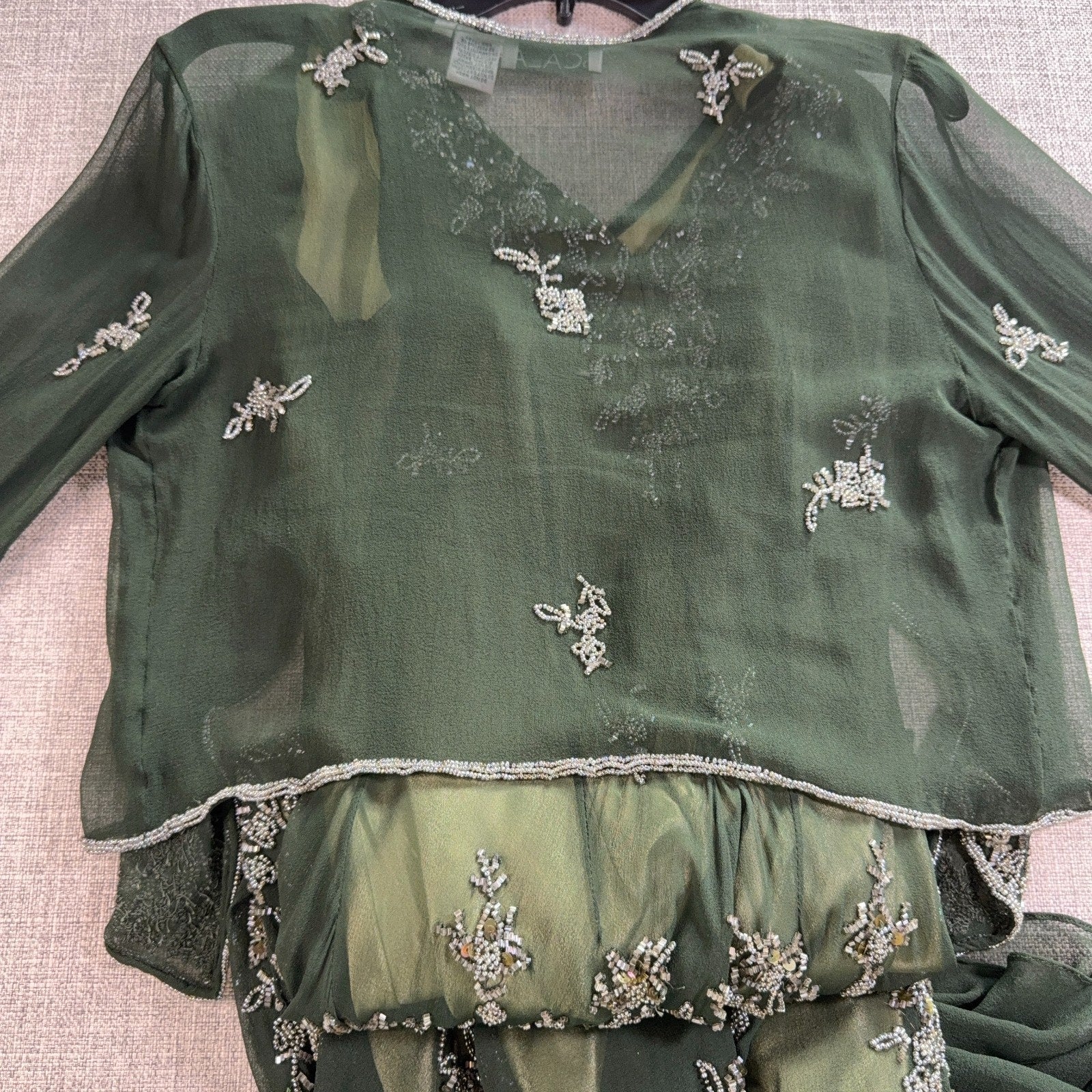 Scala 100% Silk Beaded Dress Jacket Set Womens L Green Formal Evening