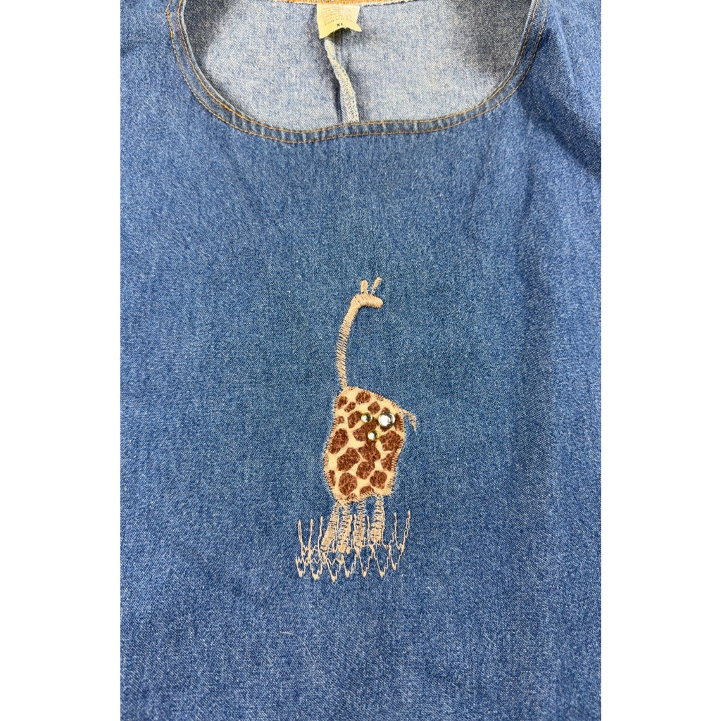 Vintage 90s Denim Maxi Jumper Dress Womens XL Giraffe Applique Rhinestone USA