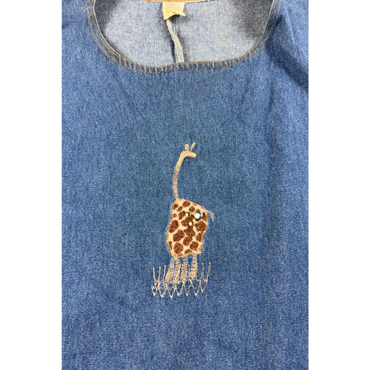 Vintage 90s Denim Maxi Jumper Dress Womens XL Giraffe Applique Rhinestone USA