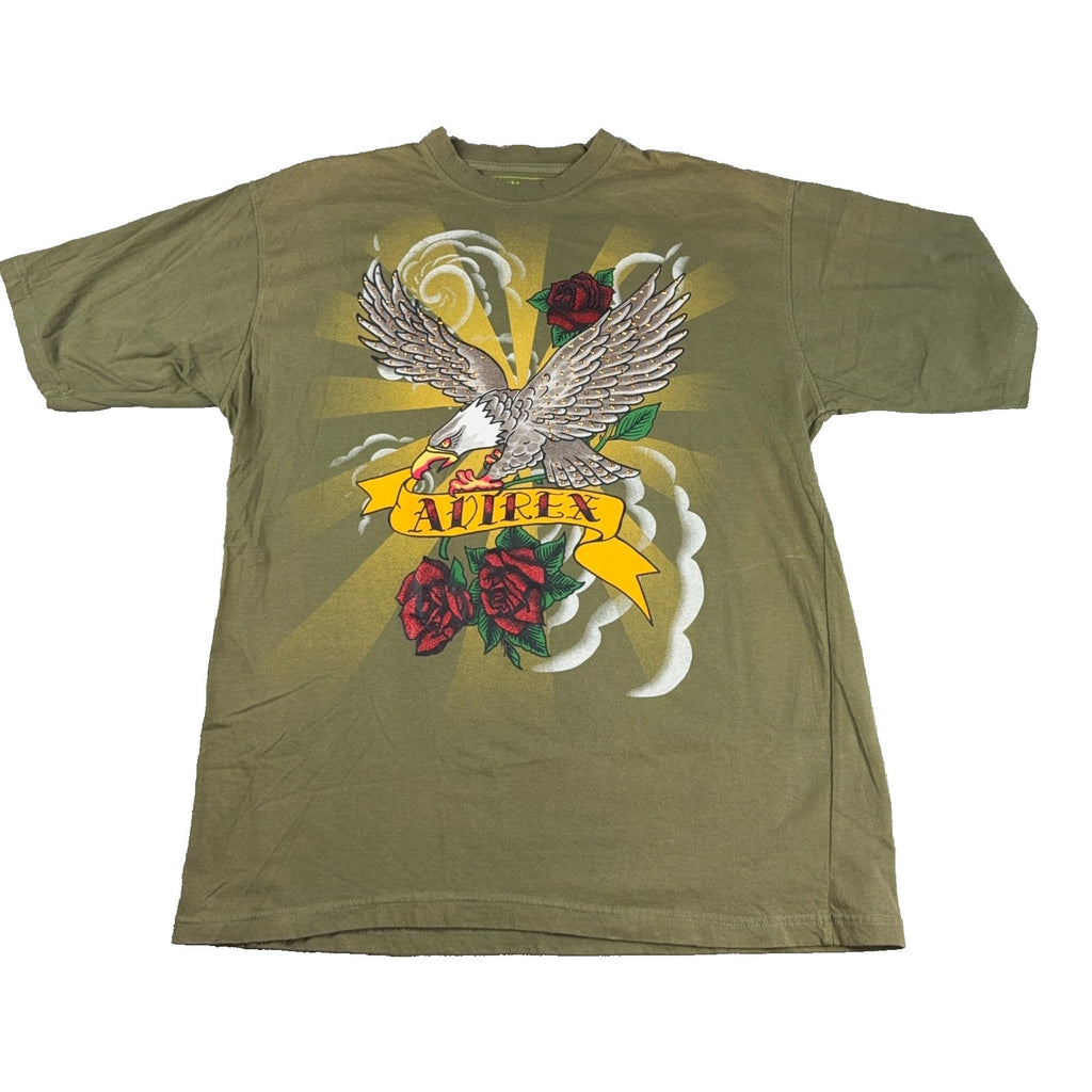 Avirex Mens L Eagle Roses Graphic T Shirt Rhinestone Studded Olive Green Y2K