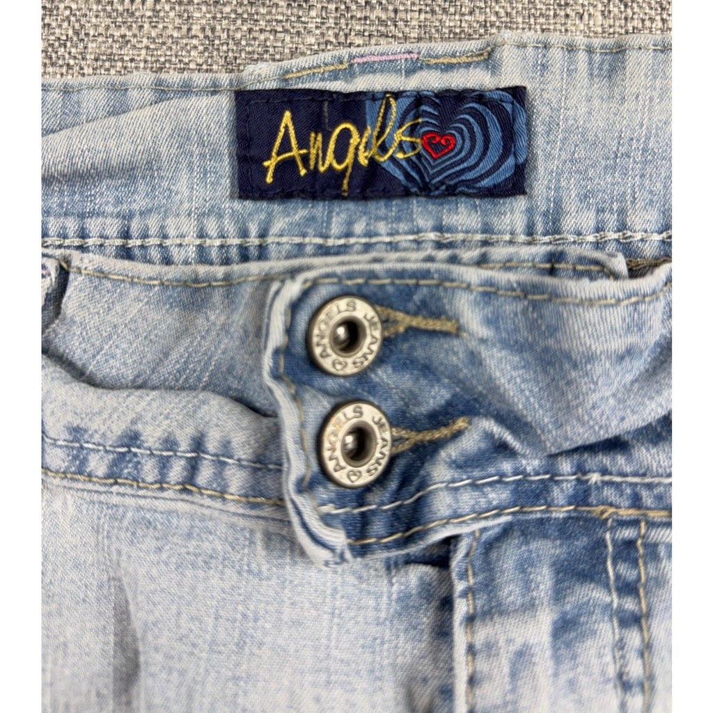 Angels Y2K Light Wash Cuffed Capri Jeans Custom Comic Patch Wide Leg 39 Waist