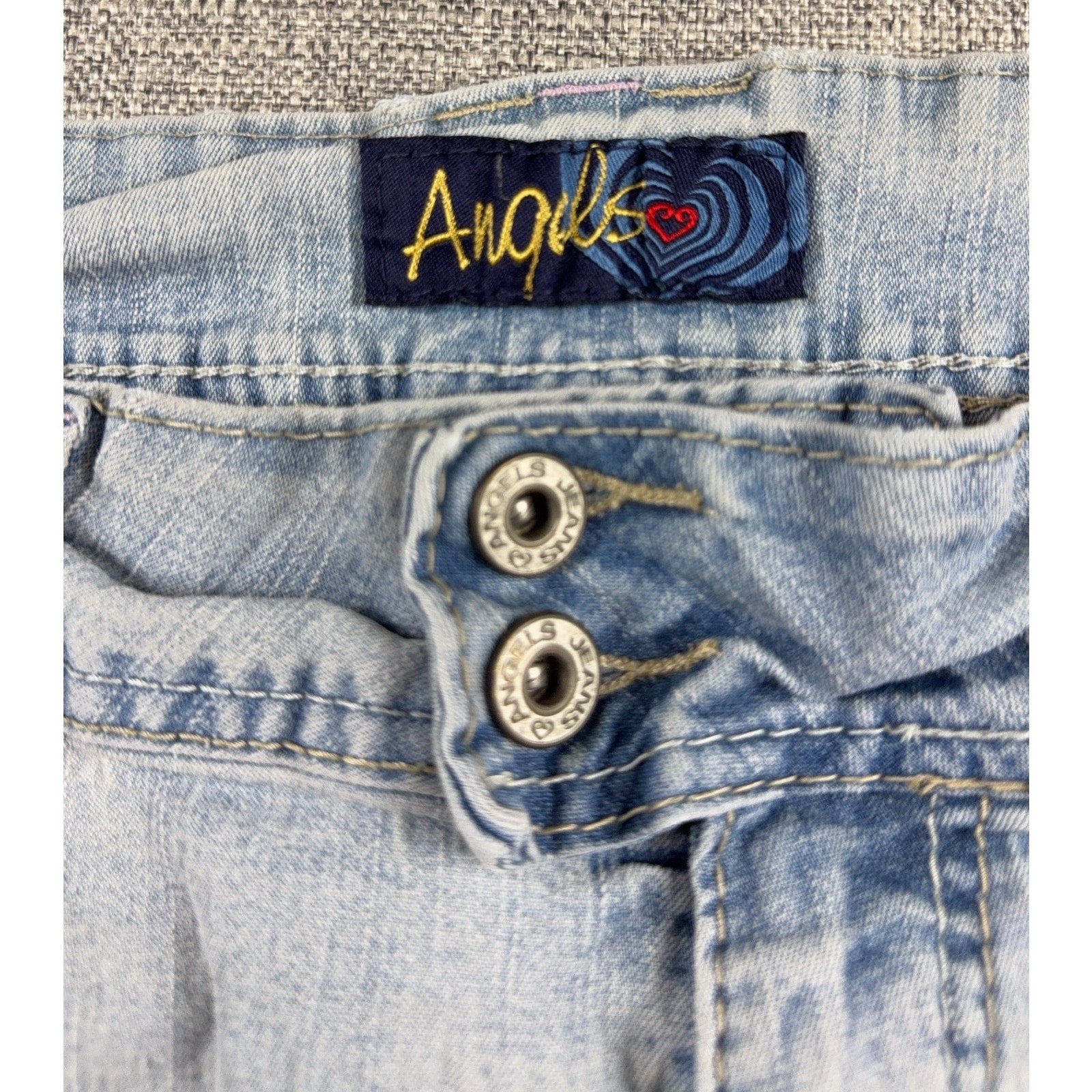 Angels Y2K Light Wash Cuffed Capri Jeans Custom Comic Patch Wide Leg 39 Waist