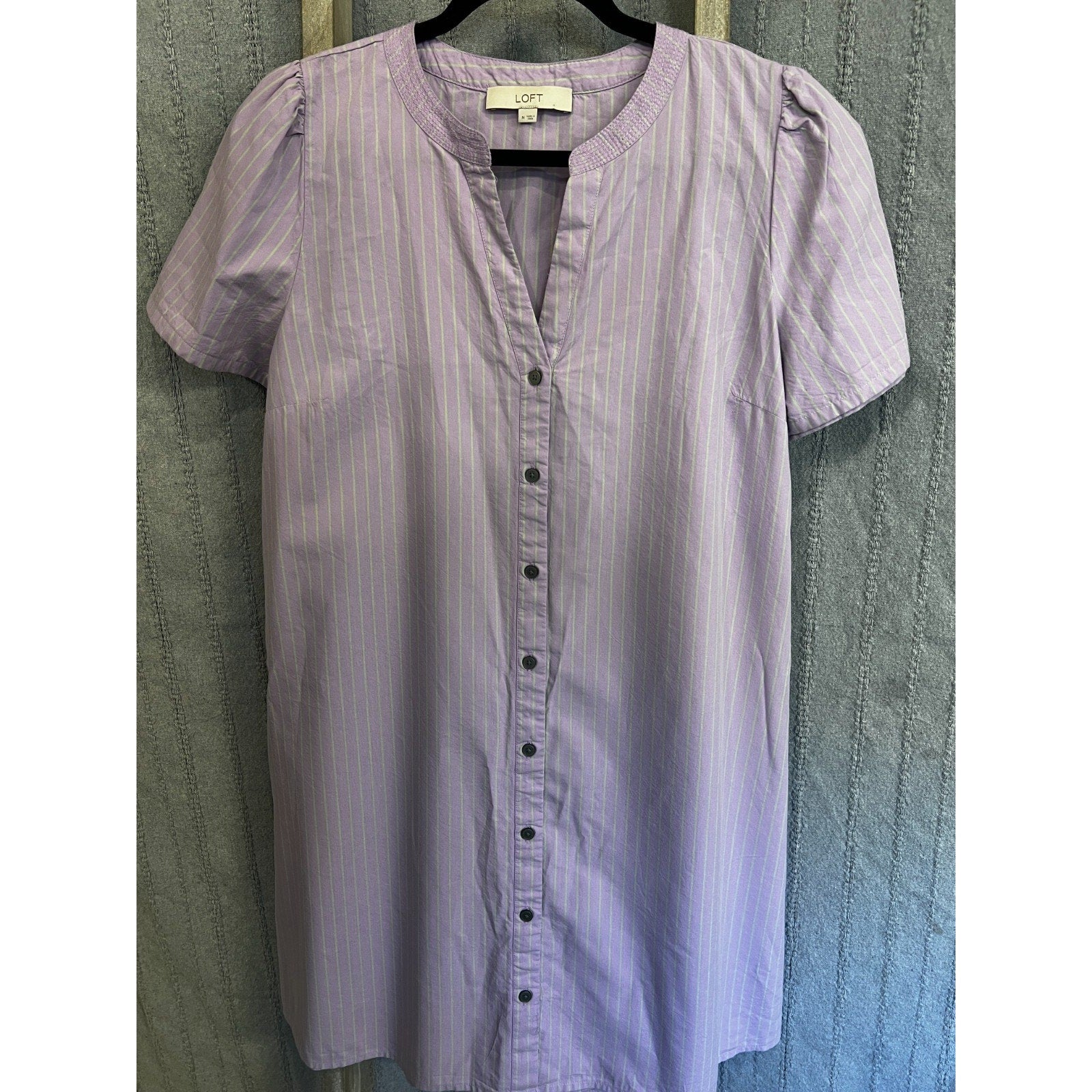 LOFT Womens M Cottagecore Lavender Striped Shirt Dress Belted Puff Sleeve M