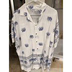 Handmade Thailand Elephant Print Shirt 3XL White Blue Cotton Boho Camp Resort