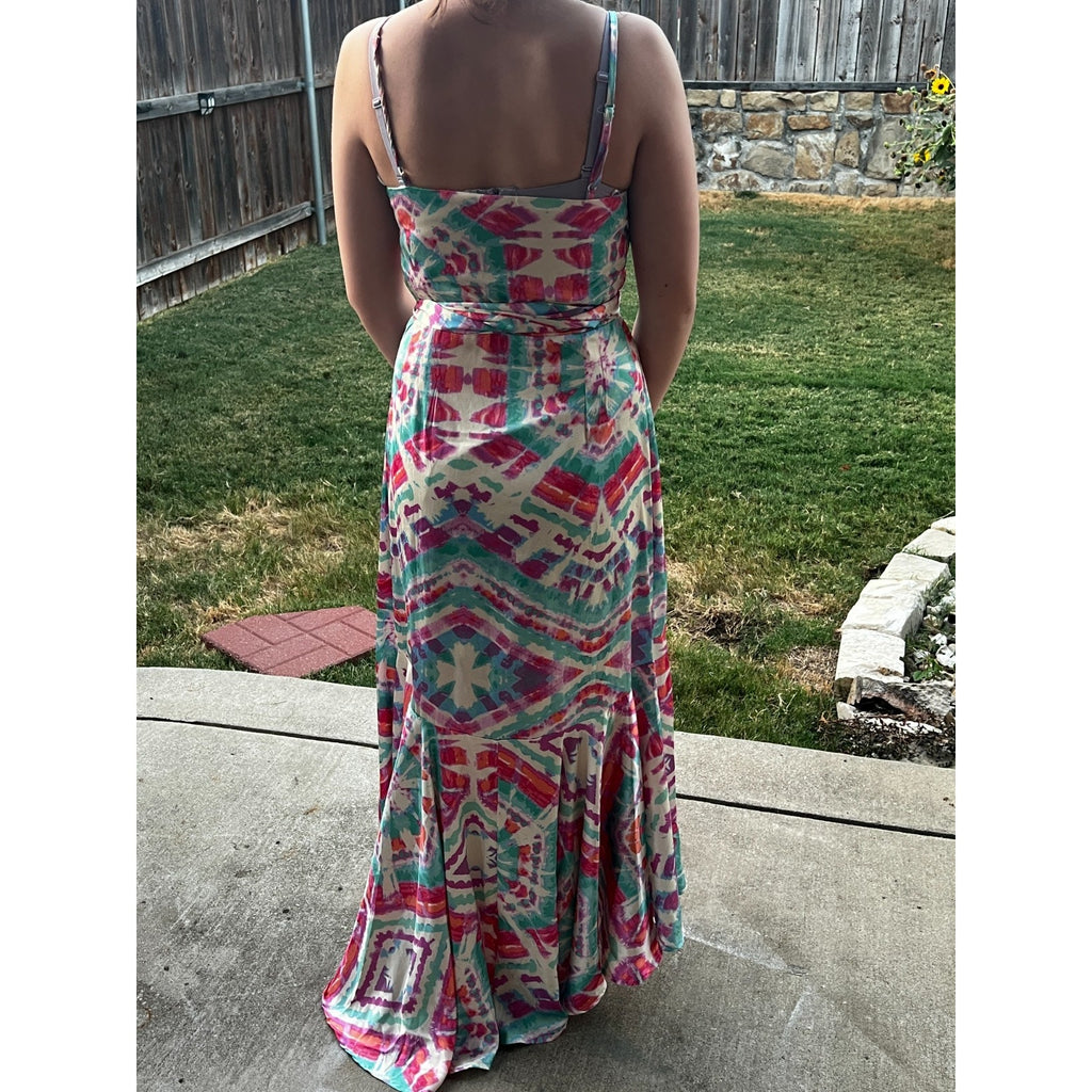 Flying Tomato Maxi Dress Womens M Abstract Watercolor Wrap High Low Ruffle Boho
