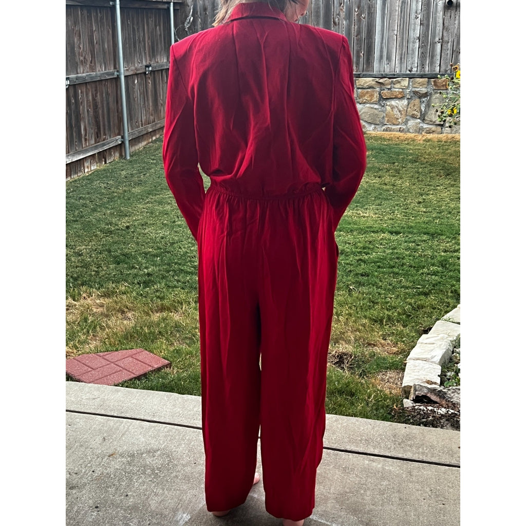 Vintage 80s Red Studded Jumpsuit Womens Power Suit Shoulder Pads Glam Retro