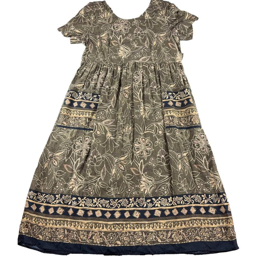 Molly Malloy Petite Maxi Dress Olive Floral Border Print Boho Pockets Tie Back