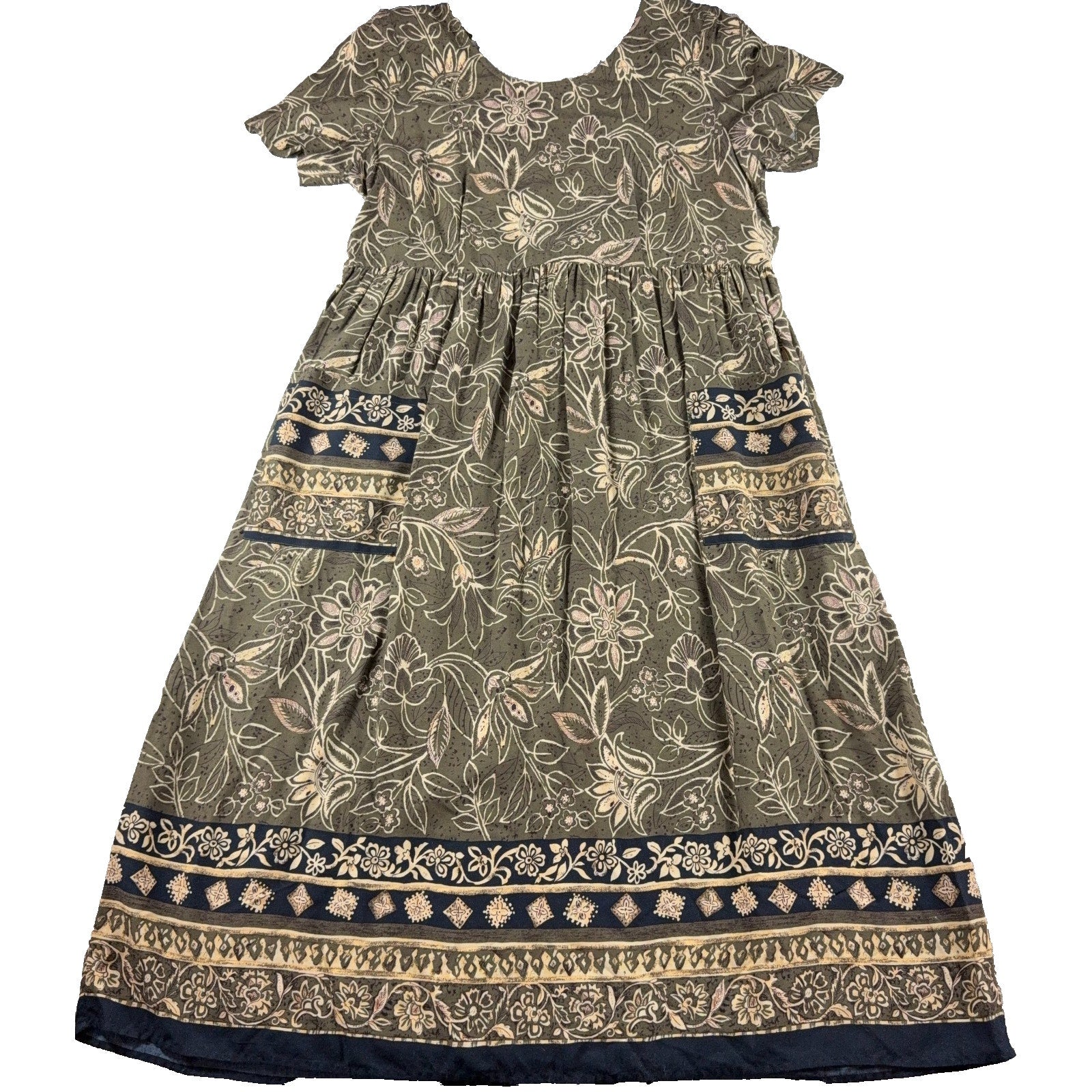 Molly Malloy Petite Maxi Dress Olive Floral Border Print Boho Pockets Tie Back