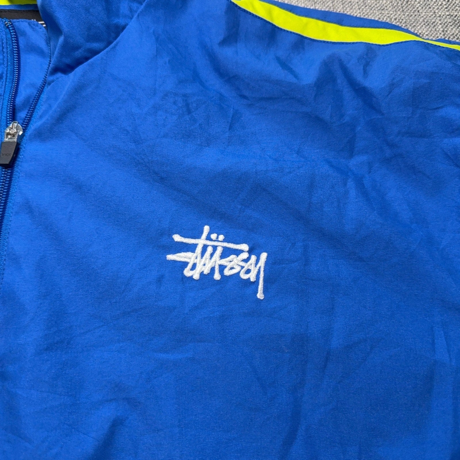 Stussy Authentic Gear Windbreaker Jacket Mens XL Blue Neon Yellow Quarter Zip