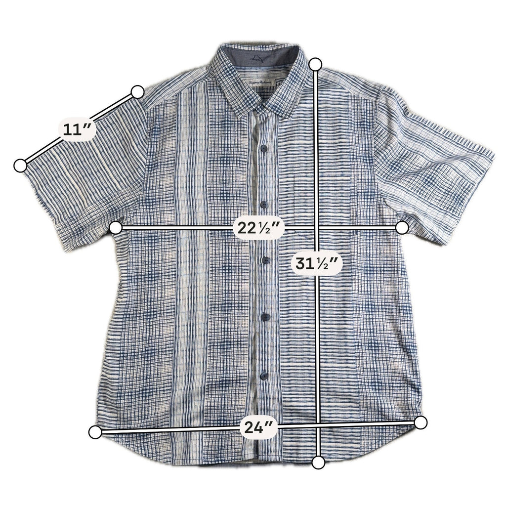 Tommy Bahama Mens Large Silk Camp Shirt Blue White Patchwork Stripe
