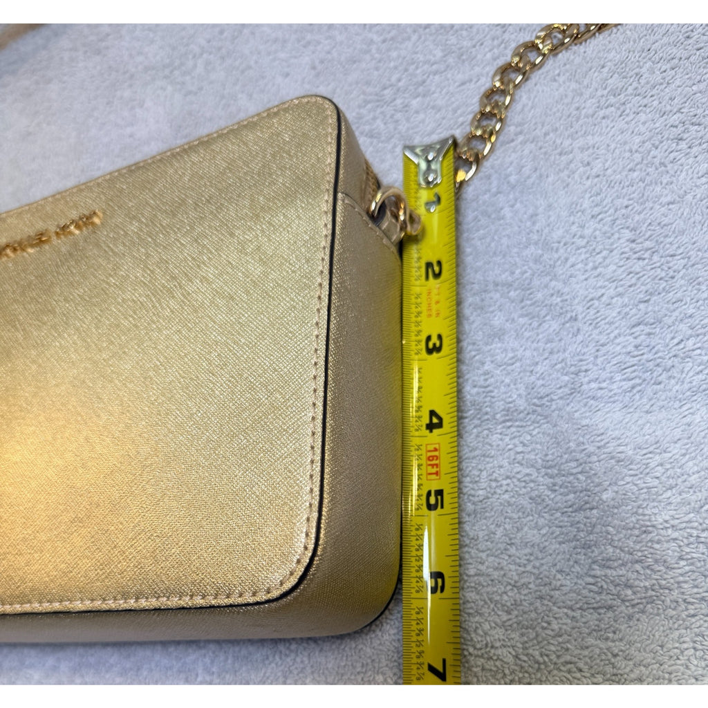 Michael Kors Gold Saffiano Leather Crossbody Bag Chain Strap Zip Top Purse MK