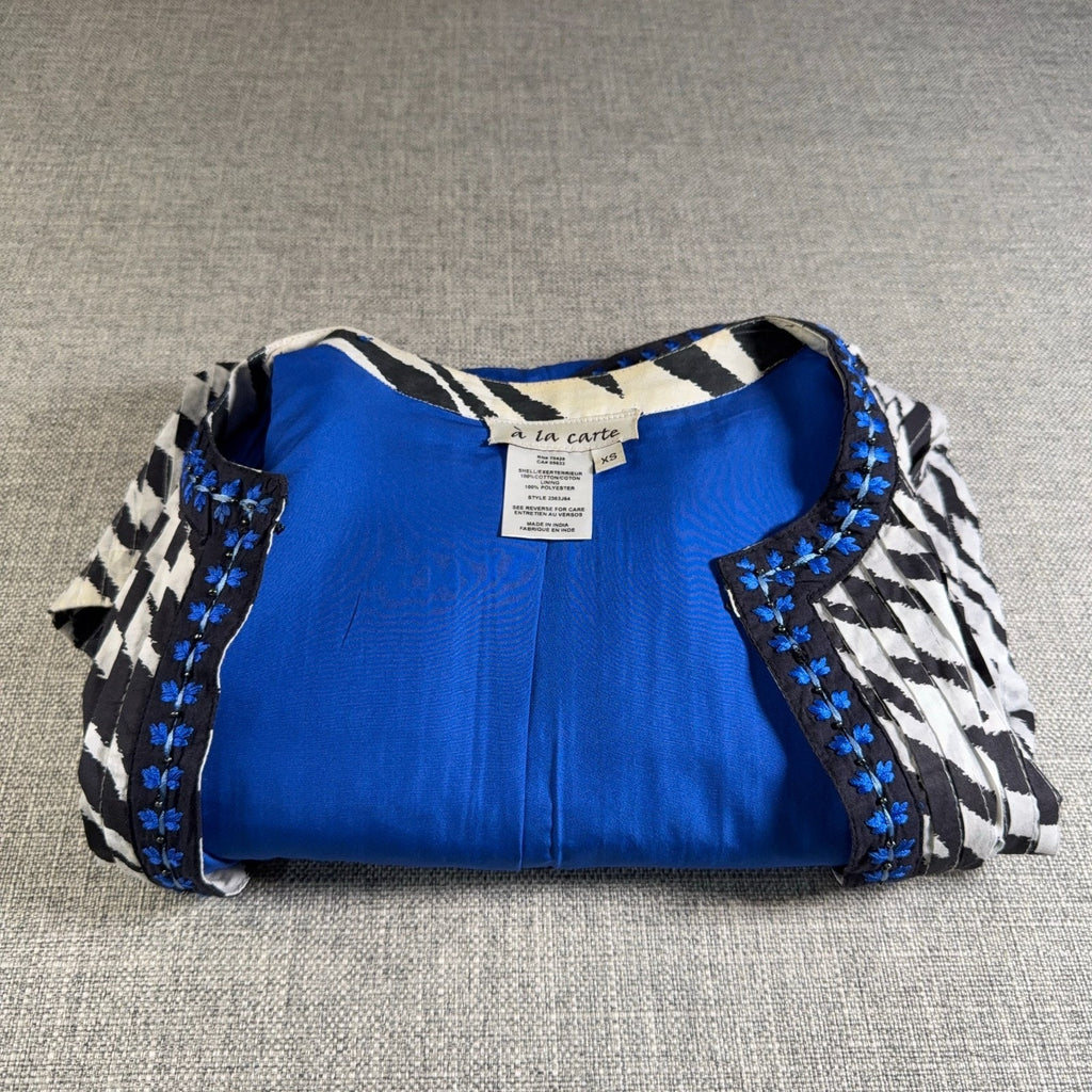 A La Carte Womens XS Jacket Black White Blue Embroidered Beaded Boho Art