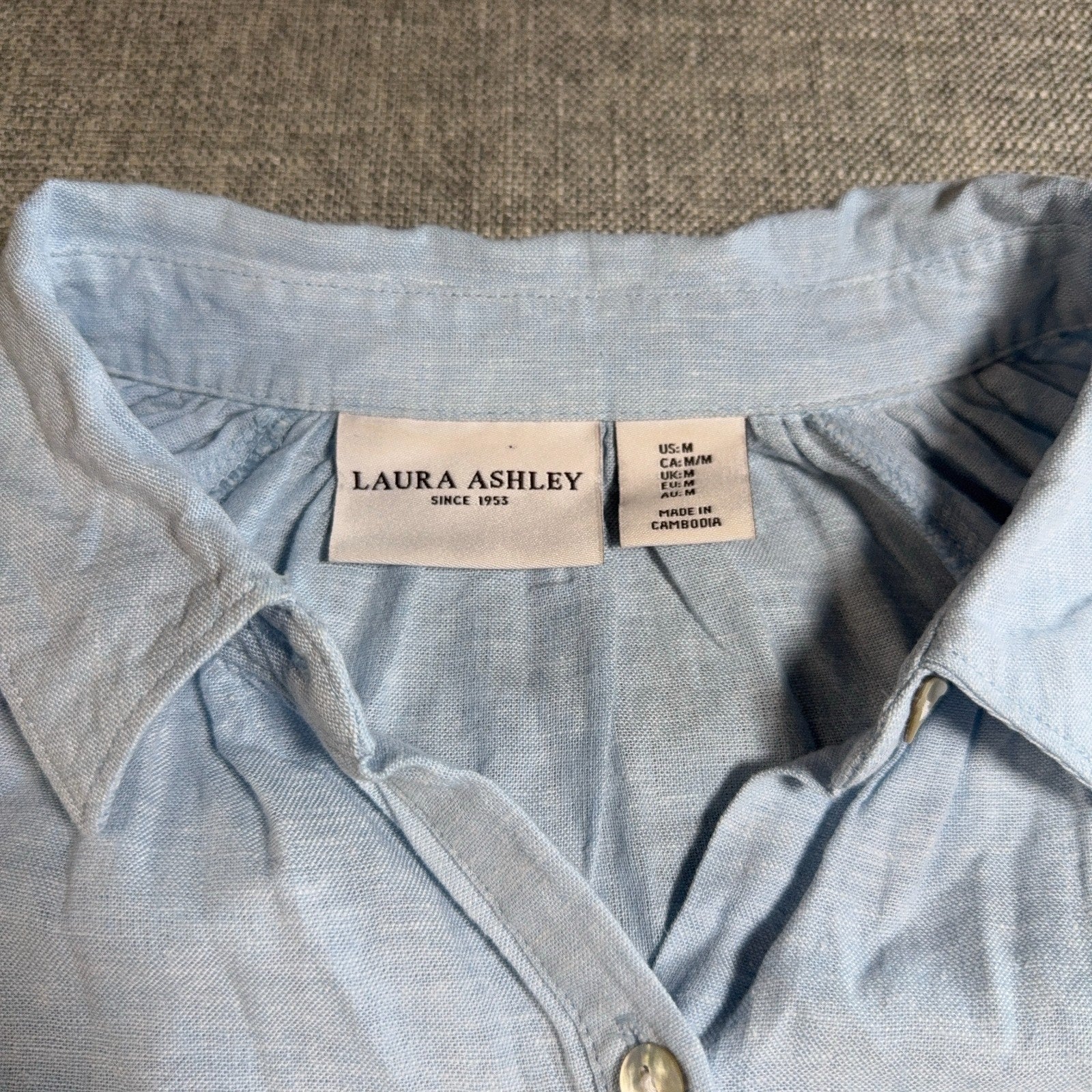 Laura Ashley Linen Blend Blouse Women M Blue Balloon Sleeve Button Front