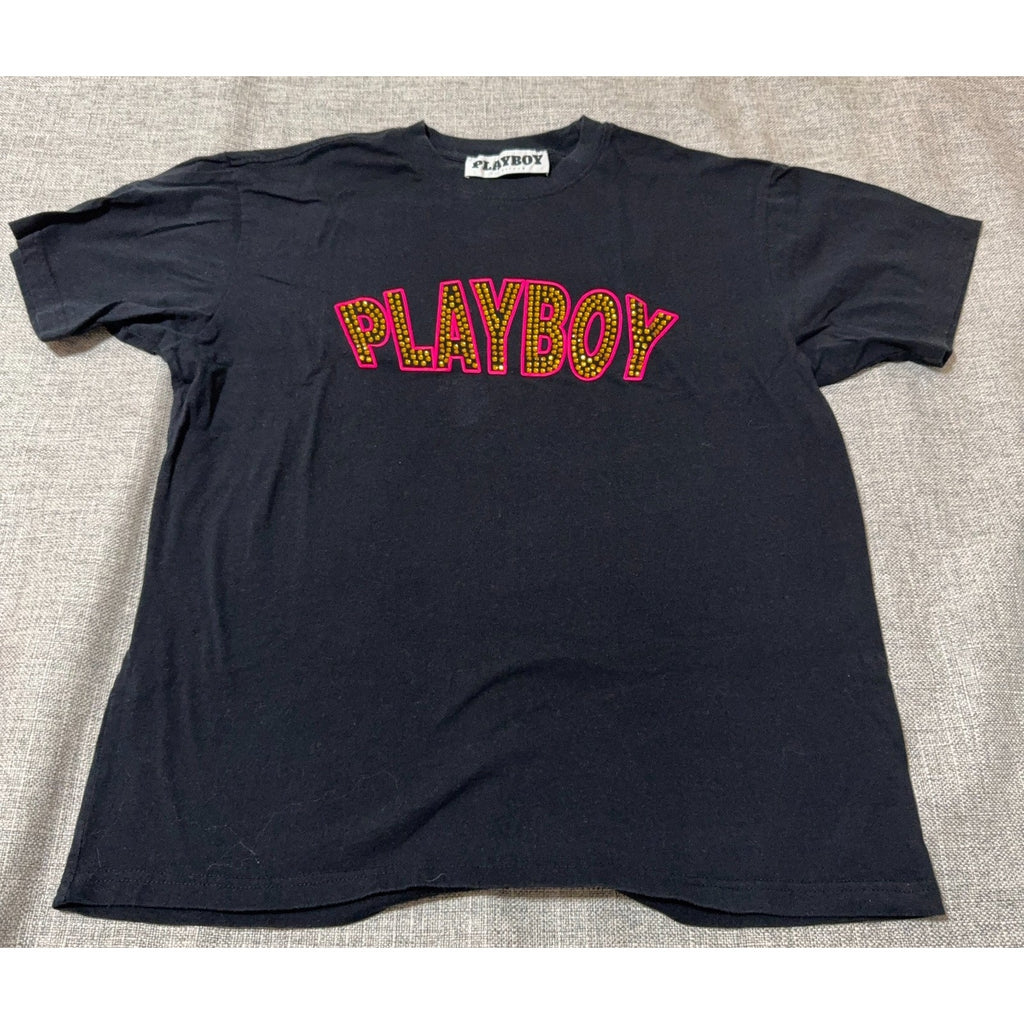 Playboy PacSun Rhinestone Studded Logo Black T-Shirt Adult 21x27 Y2K Bling