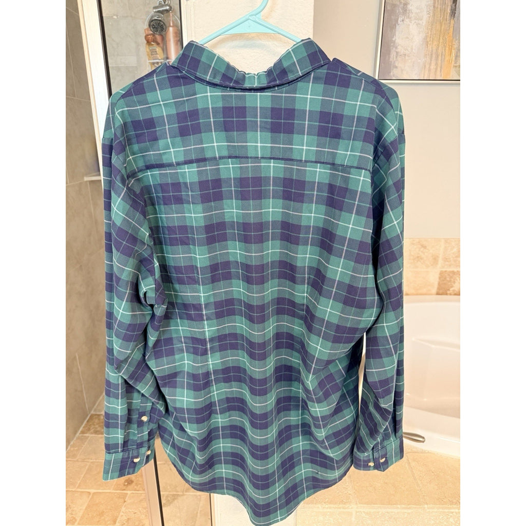 Mizzen+Main Mens M Standard Fit Green Navy Plaid Performance Dress Shirt US Made