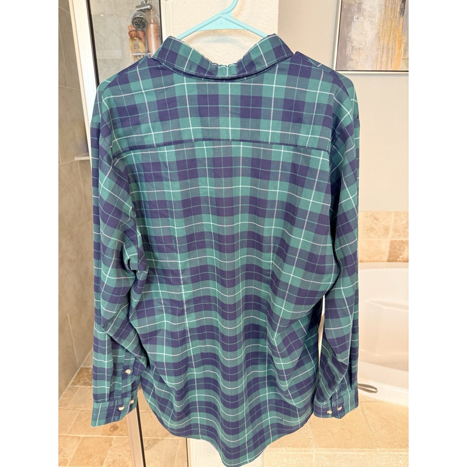 Mizzen+Main Mens M Standard Fit Green Navy Plaid Performance Dress Shirt US Made