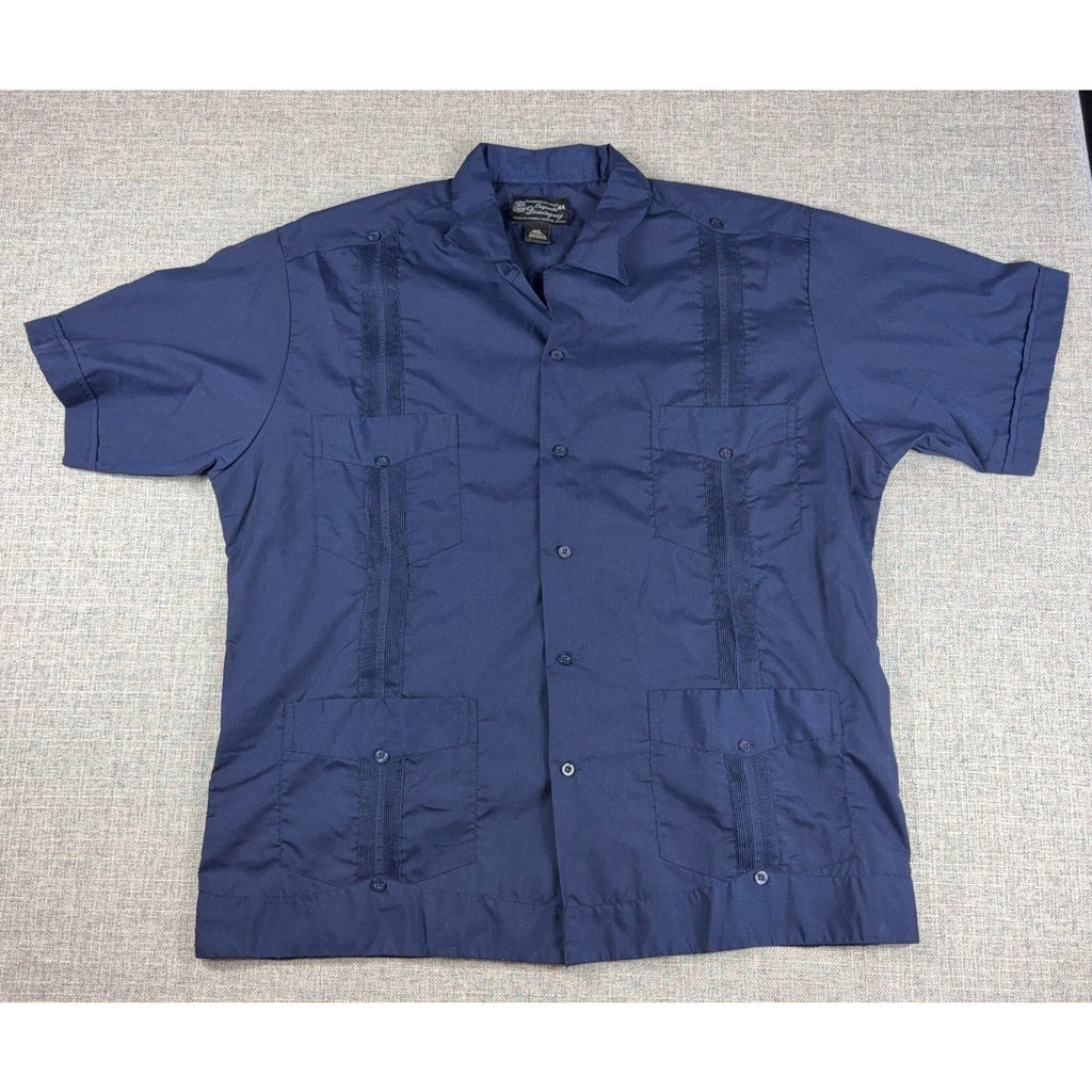Dominguez Guayabera Shirt Mens 44 Blue 100% Cotton Made Mexico Yucatan 4 Pocket