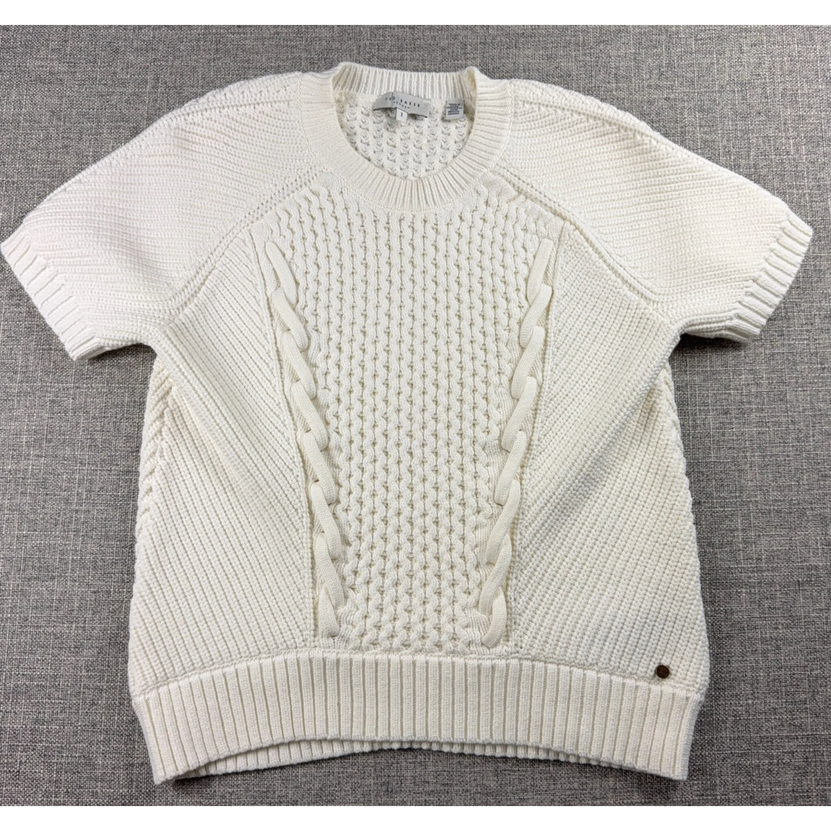 Ted Baker London Sweater Womens 1 US 4 Cream Cable Knit Lace Up Short Sleeve