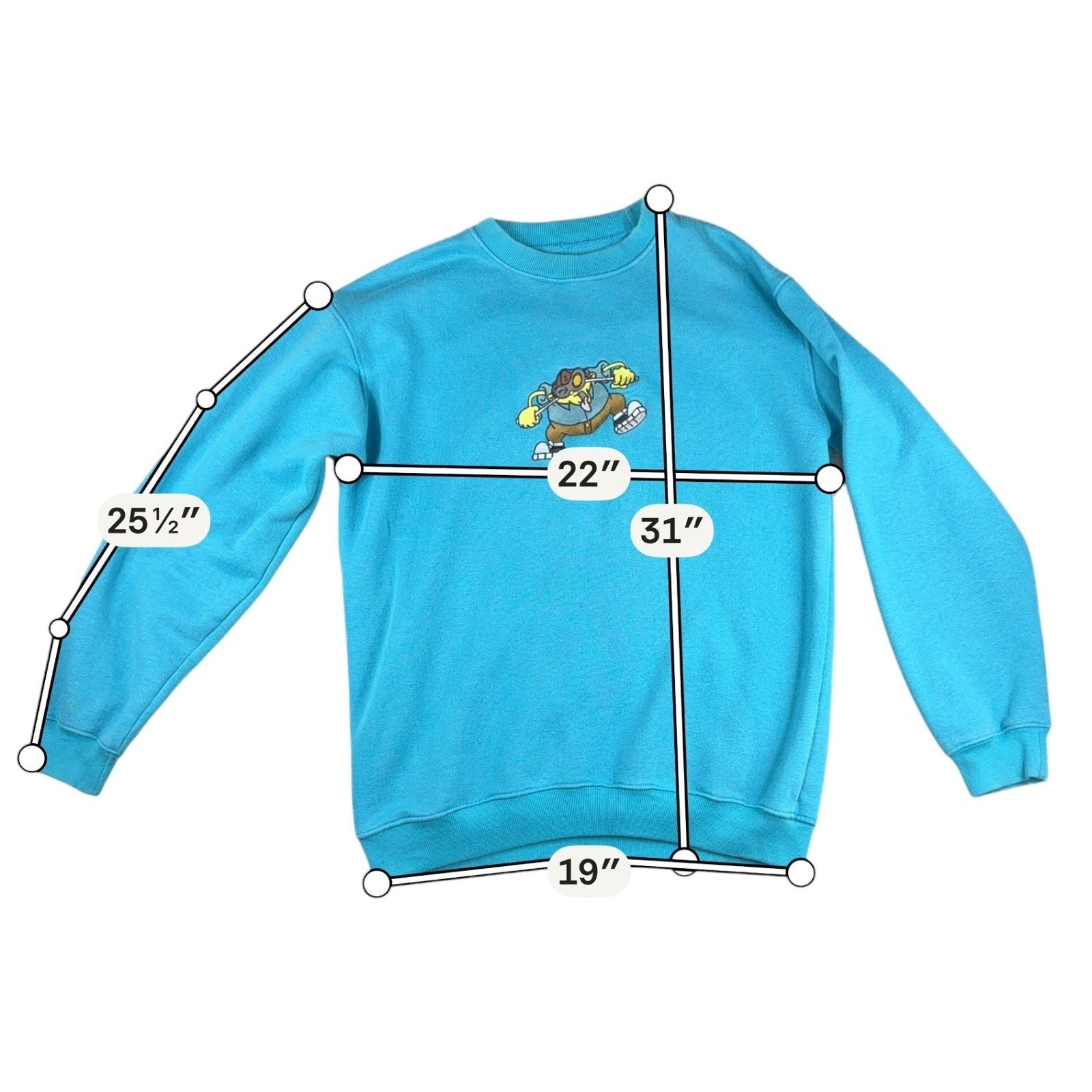 Mens Turquoise Embroidered Cartoon Rat Golf Crewneck Sweatshirt Size L Oversized