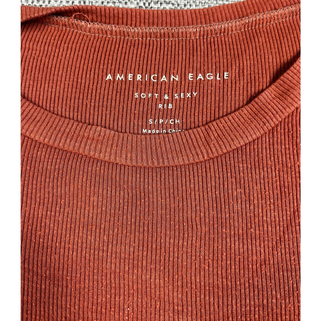 American Eagle Soft & Sexy Ribbed Top Women's S Rust Puff Sleeve Long Sleeve